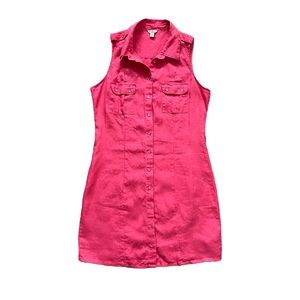 Guess Linen Button Front Y2K Pockets Coral Pink Sleeveless Shirt Dress Sz Small
